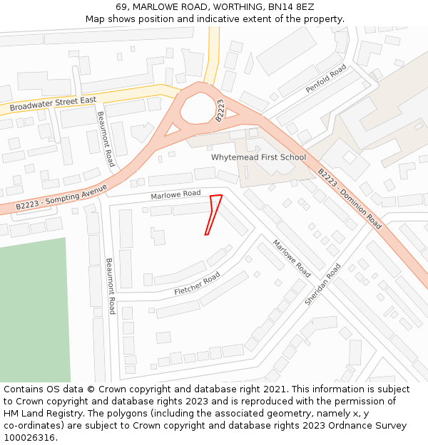 69, MARLOWE ROAD, WORTHING, BN14 8EZ: Location map and indicative extent of plot