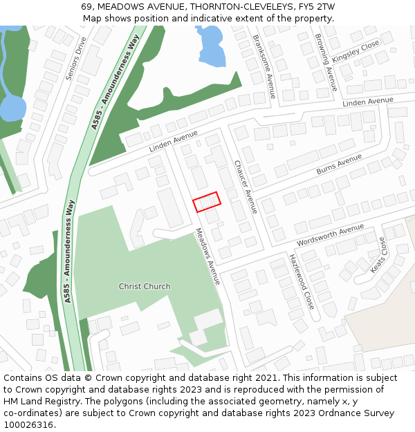 69, MEADOWS AVENUE, THORNTON-CLEVELEYS, FY5 2TW: Location map and indicative extent of plot