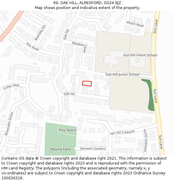 69, OAK HILL, ALRESFORD, SO24 9JZ: Location map and indicative extent of plot