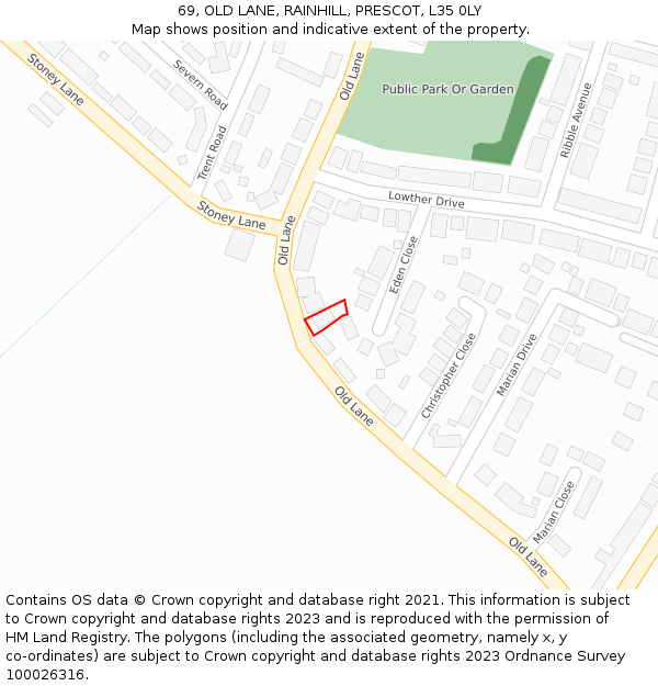 69, OLD LANE, RAINHILL, PRESCOT, L35 0LY: Location map and indicative extent of plot