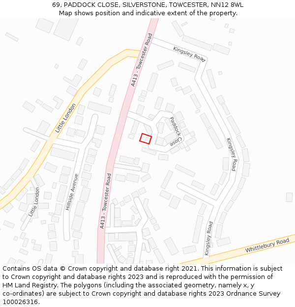 69, PADDOCK CLOSE, SILVERSTONE, TOWCESTER, NN12 8WL: Location map and indicative extent of plot