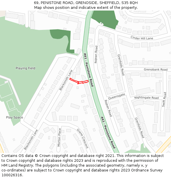 69, PENISTONE ROAD, GRENOSIDE, SHEFFIELD, S35 8QH: Location map and indicative extent of plot