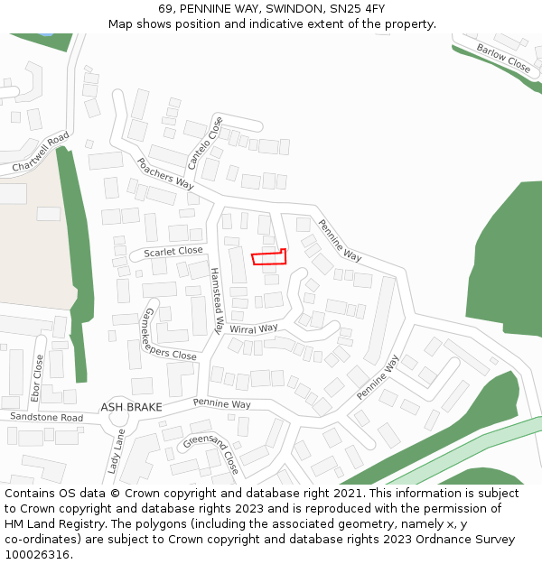 69, PENNINE WAY, SWINDON, SN25 4FY: Location map and indicative extent of plot