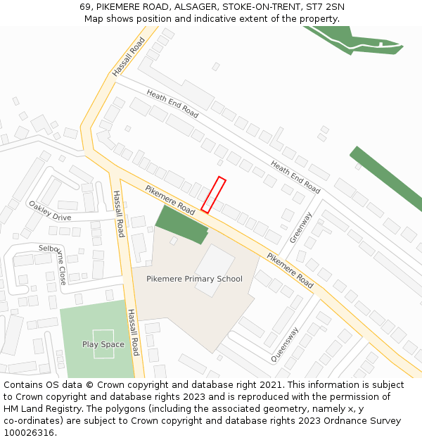 69, PIKEMERE ROAD, ALSAGER, STOKE-ON-TRENT, ST7 2SN: Location map and indicative extent of plot