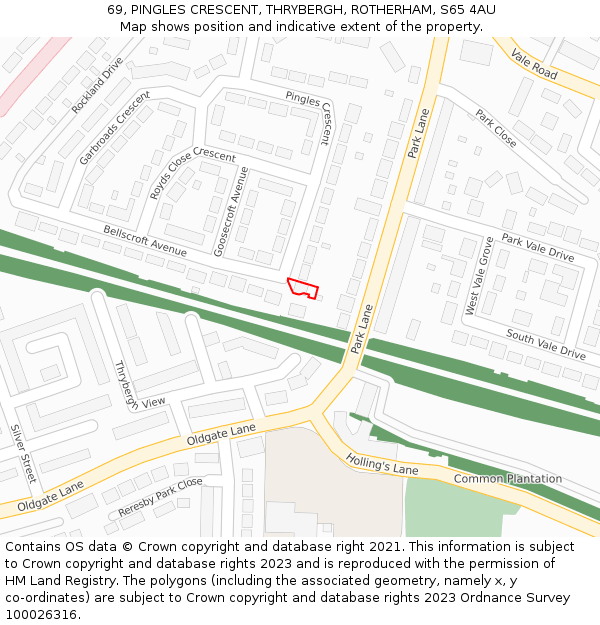 69, PINGLES CRESCENT, THRYBERGH, ROTHERHAM, S65 4AU: Location map and indicative extent of plot