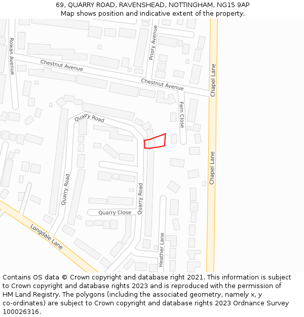 69, QUARRY ROAD, RAVENSHEAD, NOTTINGHAM, NG15 9AP: Location map and indicative extent of plot