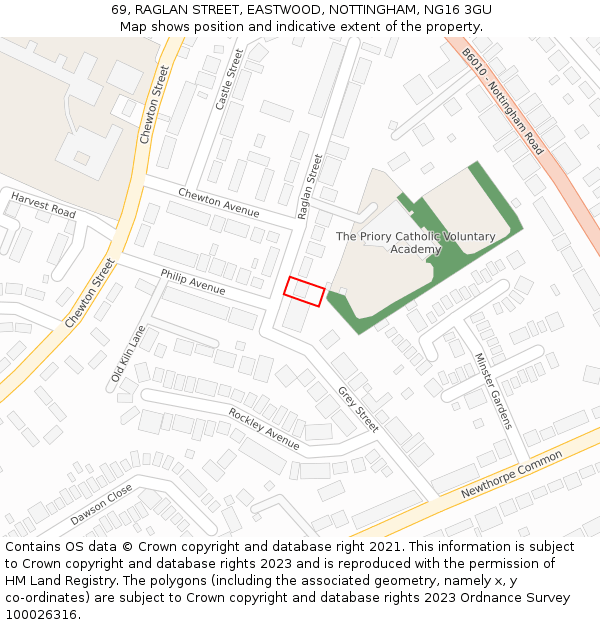 69, RAGLAN STREET, EASTWOOD, NOTTINGHAM, NG16 3GU: Location map and indicative extent of plot