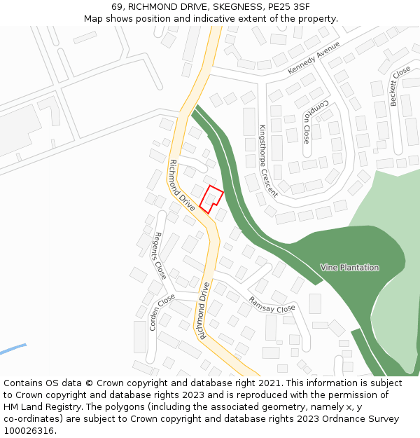 69, RICHMOND DRIVE, SKEGNESS, PE25 3SF: Location map and indicative extent of plot