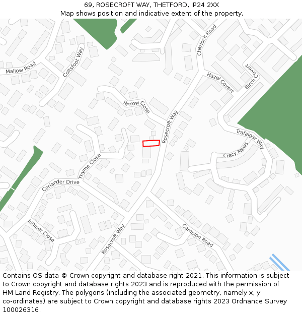 69, ROSECROFT WAY, THETFORD, IP24 2XX: Location map and indicative extent of plot