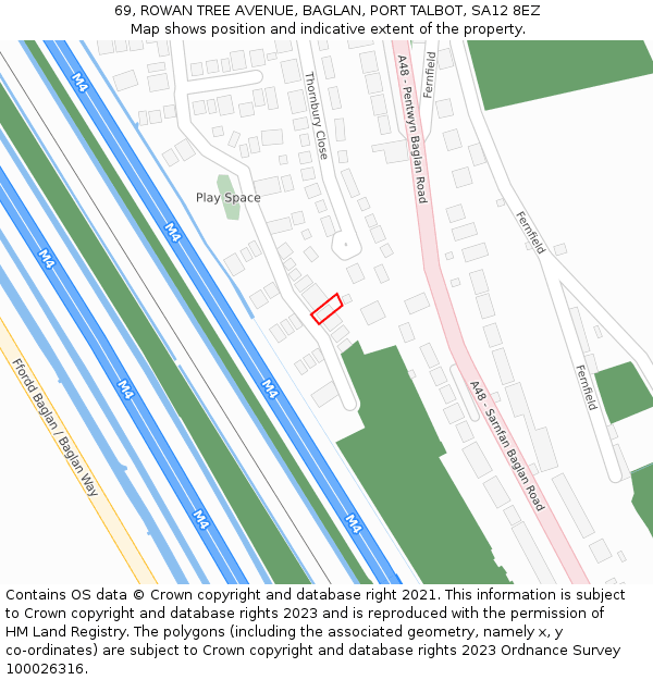 69, ROWAN TREE AVENUE, BAGLAN, PORT TALBOT, SA12 8EZ: Location map and indicative extent of plot
