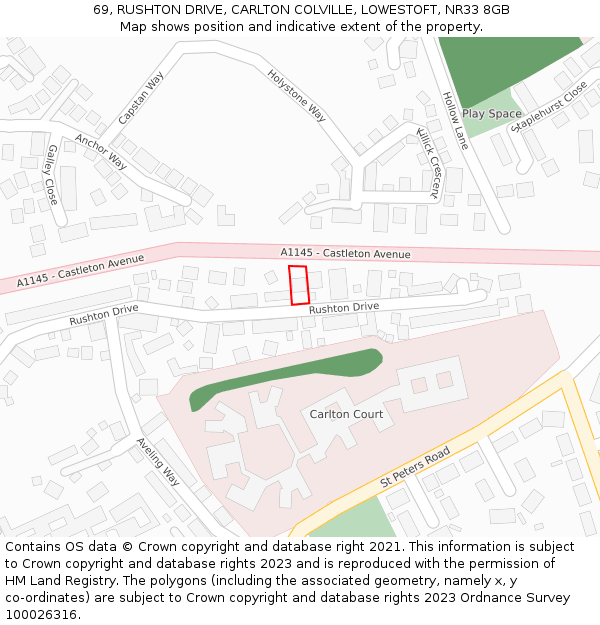 69, RUSHTON DRIVE, CARLTON COLVILLE, LOWESTOFT, NR33 8GB: Location map and indicative extent of plot