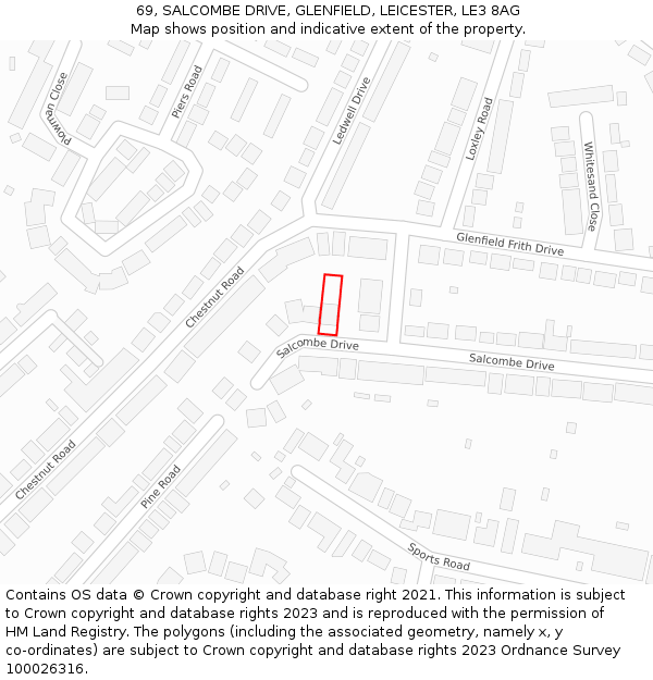 69, SALCOMBE DRIVE, GLENFIELD, LEICESTER, LE3 8AG: Location map and indicative extent of plot