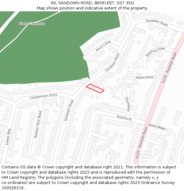 69, SANDOWN ROAD, BENFLEET, SS7 3SQ: Location map and indicative extent of plot