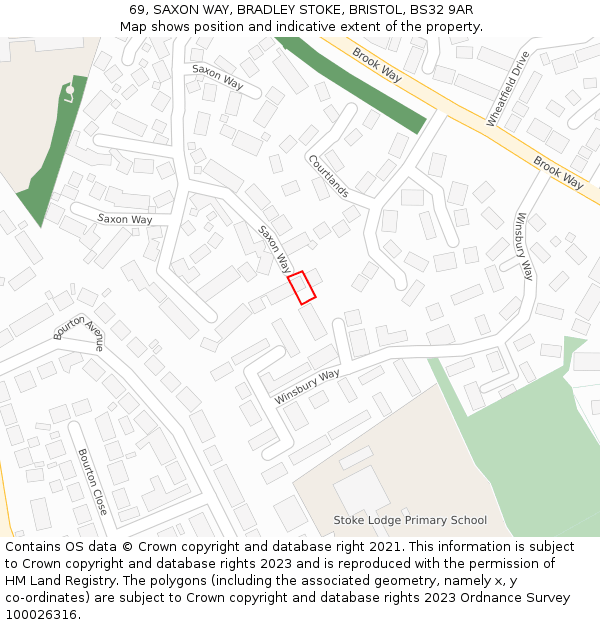 69, SAXON WAY, BRADLEY STOKE, BRISTOL, BS32 9AR: Location map and indicative extent of plot