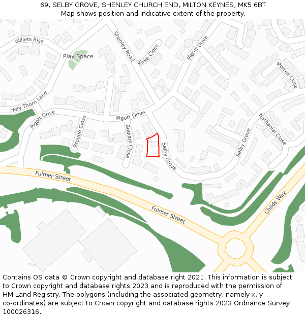 69, SELBY GROVE, SHENLEY CHURCH END, MILTON KEYNES, MK5 6BT: Location map and indicative extent of plot