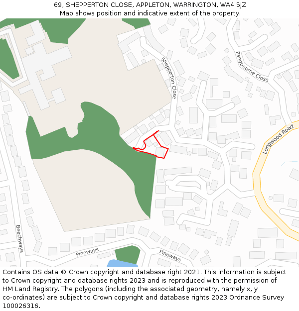 69, SHEPPERTON CLOSE, APPLETON, WARRINGTON, WA4 5JZ: Location map and indicative extent of plot
