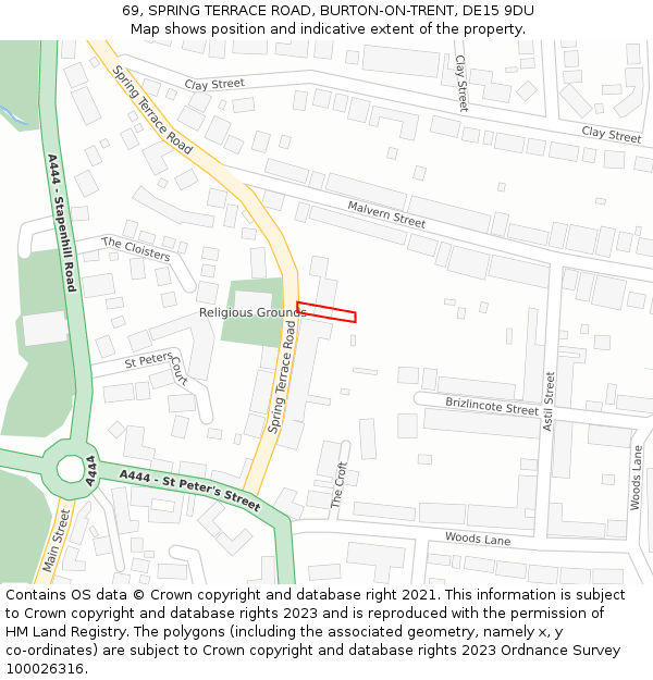 69, SPRING TERRACE ROAD, BURTON-ON-TRENT, DE15 9DU: Location map and indicative extent of plot