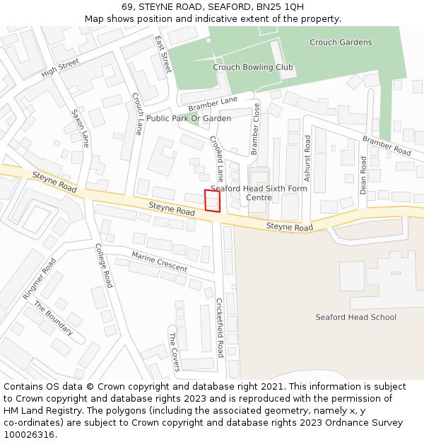 69, STEYNE ROAD, SEAFORD, BN25 1QH: Location map and indicative extent of plot