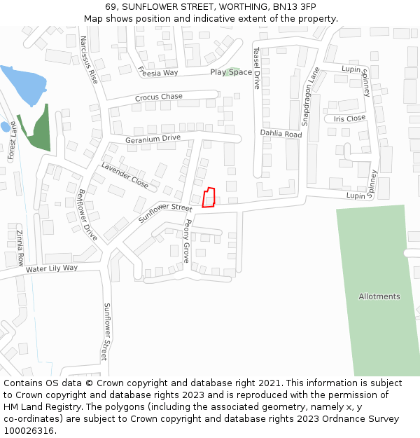 69, SUNFLOWER STREET, WORTHING, BN13 3FP: Location map and indicative extent of plot