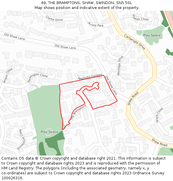 69, THE BRAMPTONS, SHAW, SWINDON, SN5 5SL: Location map and indicative extent of plot
