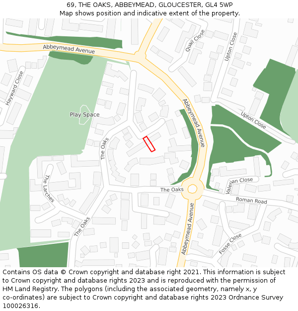 69, THE OAKS, ABBEYMEAD, GLOUCESTER, GL4 5WP: Location map and indicative extent of plot