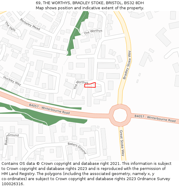 69, THE WORTHYS, BRADLEY STOKE, BRISTOL, BS32 8DH: Location map and indicative extent of plot