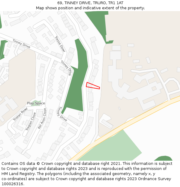 69, TINNEY DRIVE, TRURO, TR1 1AT: Location map and indicative extent of plot
