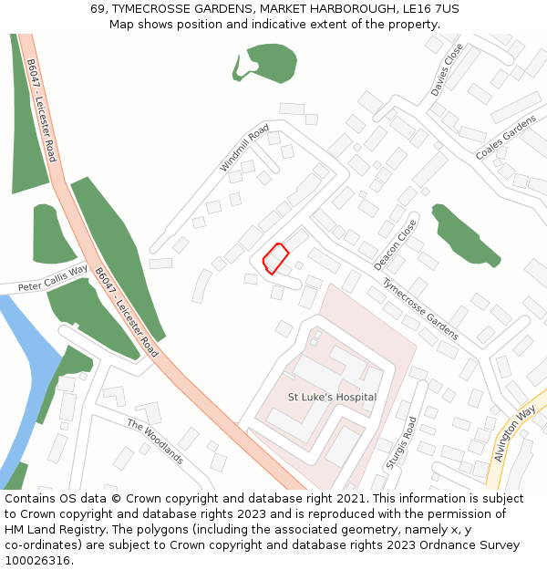 69, TYMECROSSE GARDENS, MARKET HARBOROUGH, LE16 7US: Location map and indicative extent of plot