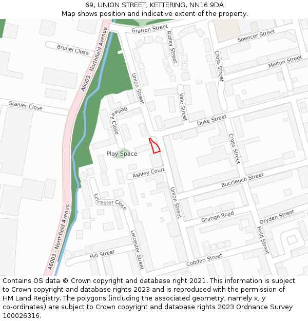 69, UNION STREET, KETTERING, NN16 9DA: Location map and indicative extent of plot