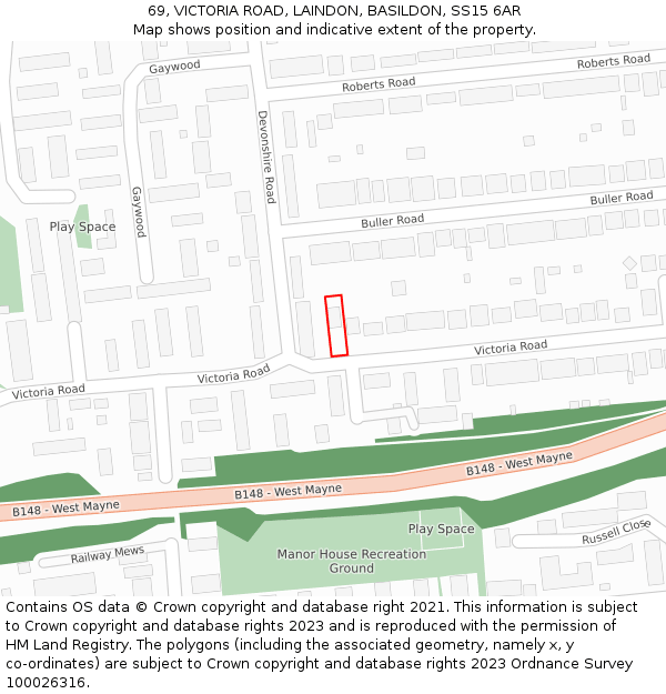 69, VICTORIA ROAD, LAINDON, BASILDON, SS15 6AR: Location map and indicative extent of plot