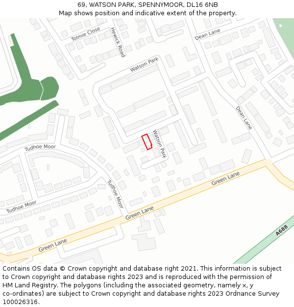 69, WATSON PARK, SPENNYMOOR, DL16 6NB: Location map and indicative extent of plot