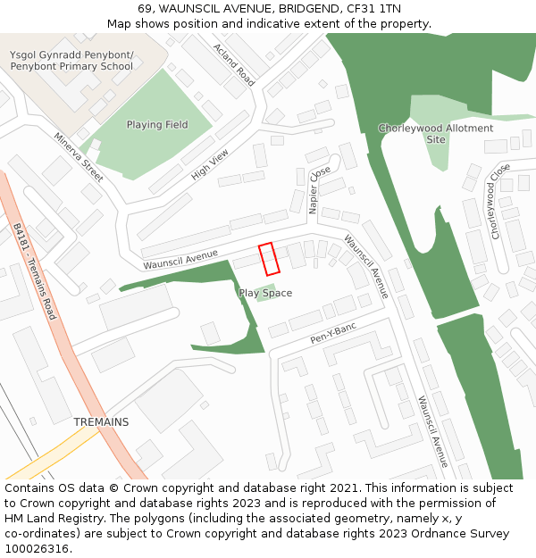 69, WAUNSCIL AVENUE, BRIDGEND, CF31 1TN: Location map and indicative extent of plot