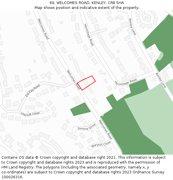 69, WELCOMES ROAD, KENLEY, CR8 5HA: Location map and indicative extent of plot