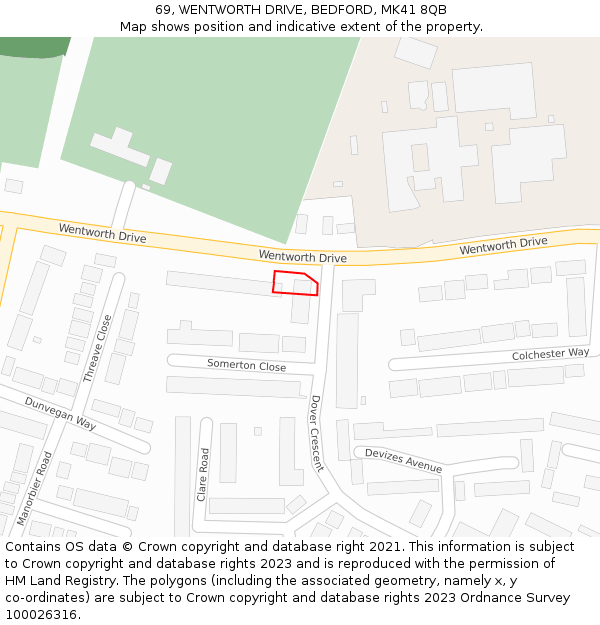 69, WENTWORTH DRIVE, BEDFORD, MK41 8QB: Location map and indicative extent of plot