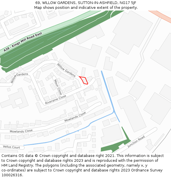 69, WILLOW GARDENS, SUTTON-IN-ASHFIELD, NG17 5JF: Location map and indicative extent of plot