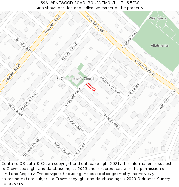 69A, ARNEWOOD ROAD, BOURNEMOUTH, BH6 5DW: Location map and indicative extent of plot