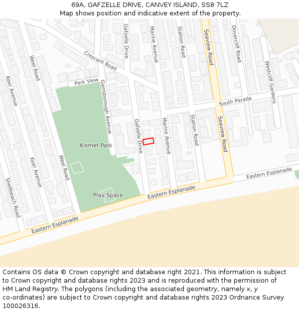 69A, GAFZELLE DRIVE, CANVEY ISLAND, SS8 7LZ: Location map and indicative extent of plot