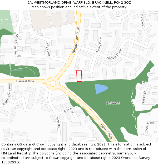 6A, WESTMORLAND DRIVE, WARFIELD, BRACKNELL, RG42 3QZ: Location map and indicative extent of plot