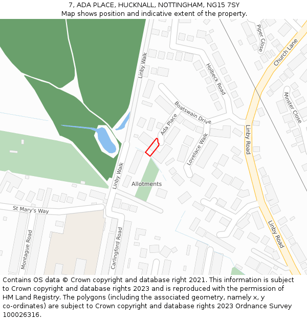 7, ADA PLACE, HUCKNALL, NOTTINGHAM, NG15 7SY: Location map and indicative extent of plot