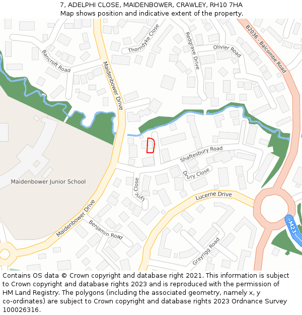 7, ADELPHI CLOSE, MAIDENBOWER, CRAWLEY, RH10 7HA: Location map and indicative extent of plot
