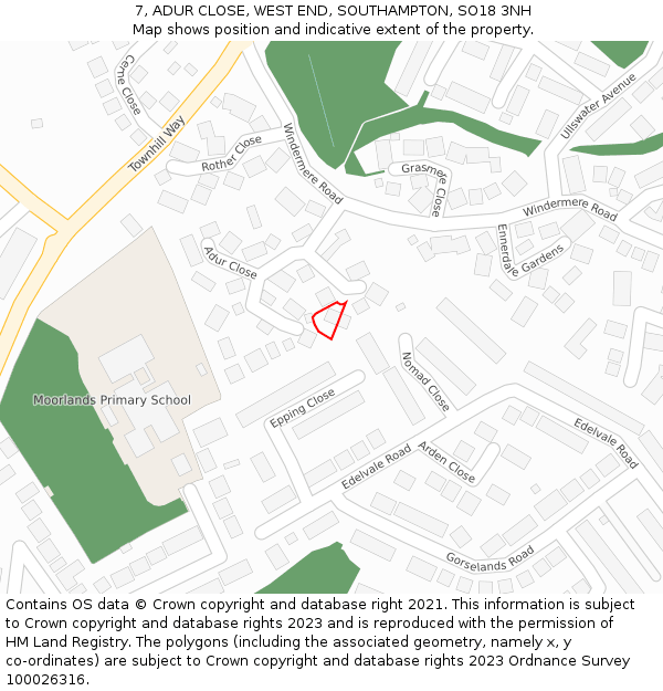 7, ADUR CLOSE, WEST END, SOUTHAMPTON, SO18 3NH: Location map and indicative extent of plot