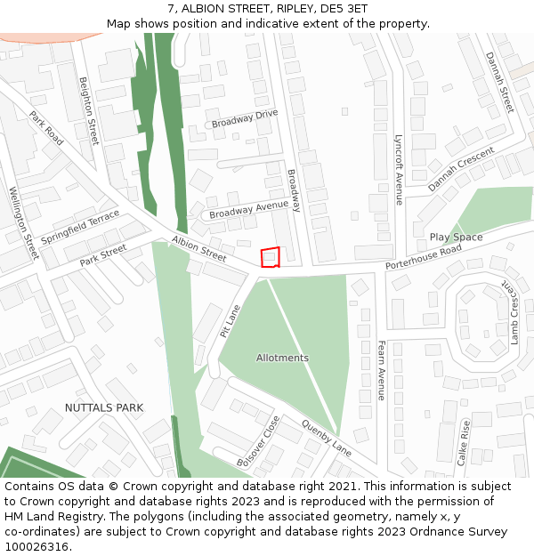 7, ALBION STREET, RIPLEY, DE5 3ET: Location map and indicative extent of plot