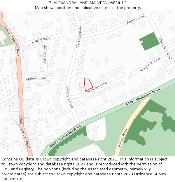 7, ALEXANDRA LANE, MALVERN, WR14 1JF: Location map and indicative extent of plot