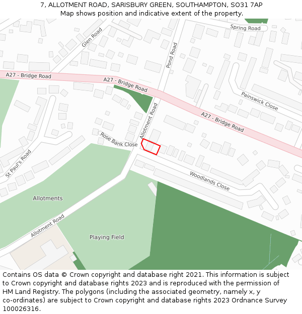 7, ALLOTMENT ROAD, SARISBURY GREEN, SOUTHAMPTON, SO31 7AP: Location map and indicative extent of plot