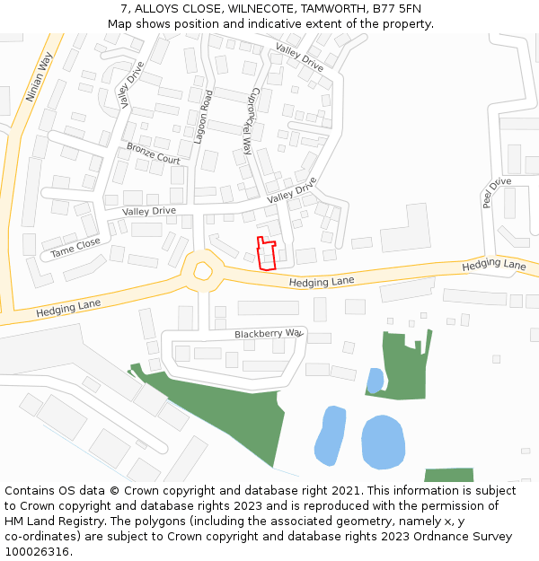 7, ALLOYS CLOSE, WILNECOTE, TAMWORTH, B77 5FN: Location map and indicative extent of plot