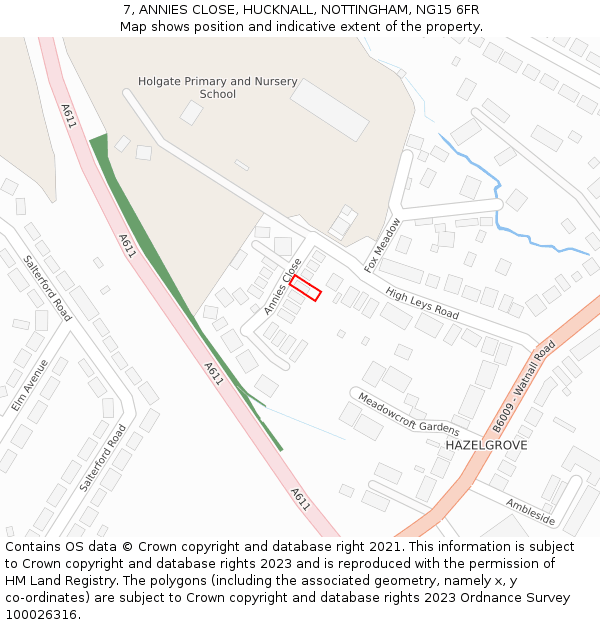 7, ANNIES CLOSE, HUCKNALL, NOTTINGHAM, NG15 6FR: Location map and indicative extent of plot