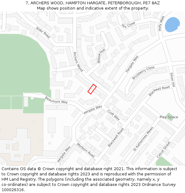 7, ARCHERS WOOD, HAMPTON HARGATE, PETERBOROUGH, PE7 8AZ: Location map and indicative extent of plot