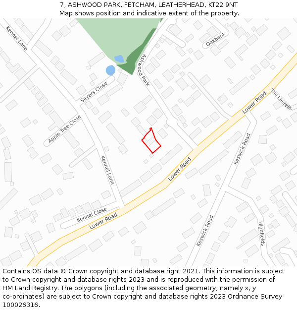 7, ASHWOOD PARK, FETCHAM, LEATHERHEAD, KT22 9NT: Location map and indicative extent of plot