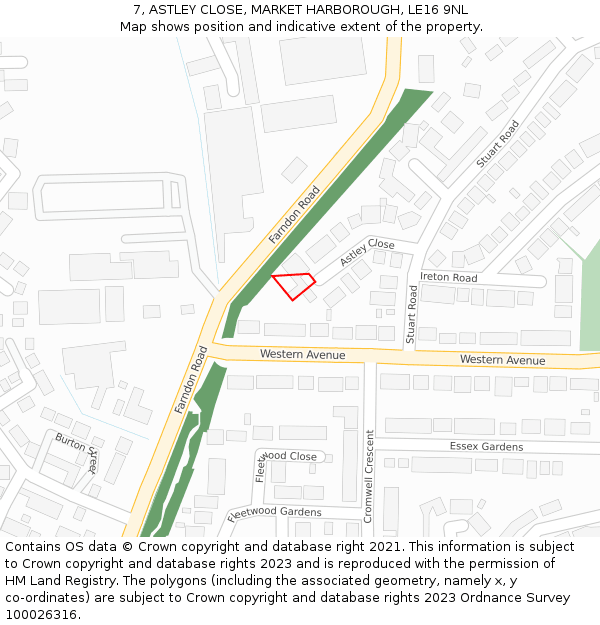 7, ASTLEY CLOSE, MARKET HARBOROUGH, LE16 9NL: Location map and indicative extent of plot