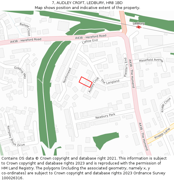 7, AUDLEY CROFT, LEDBURY, HR8 1BD: Location map and indicative extent of plot